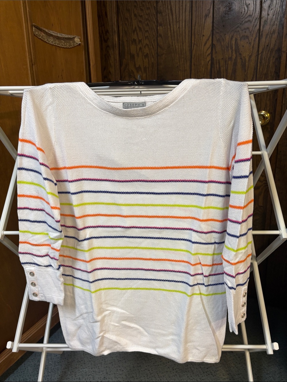 Joseph A White Knit Top with Neon Stripe Detail